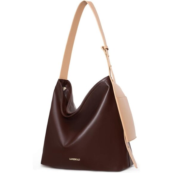 Women's Dark Brown Tote Hobo Vegan Leather Shoulder Strap Zippered Pocket bag - Picture 4 of 5